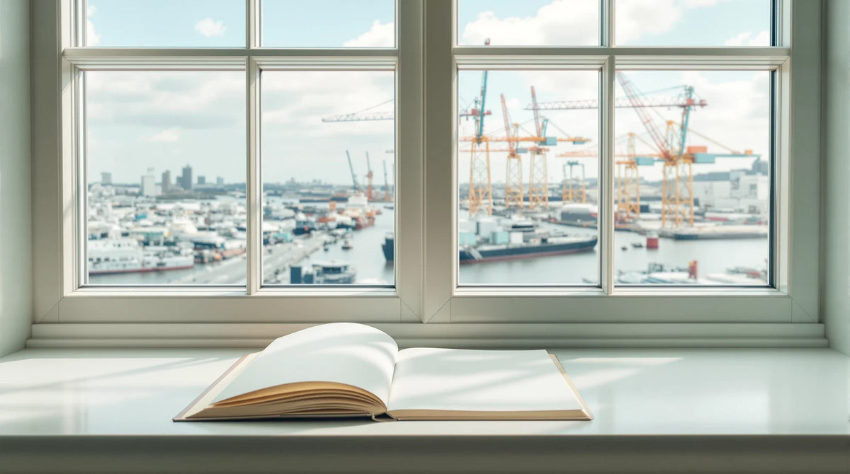 10-OH-HHCP Erfahrungen: Notizbuch auf der Fensterbank mit Blick auf Hafenkräne