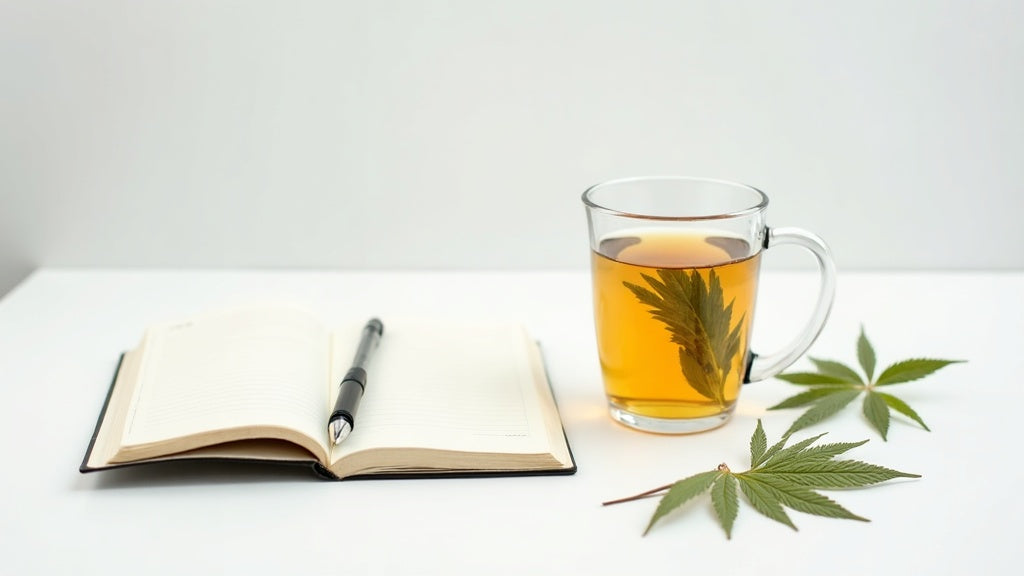 Helles Lifestyle-Stillleben mit Notizbuch und Teetasse auf weißem Untergrund als Symbolbild für CBG9 Erfahrungen