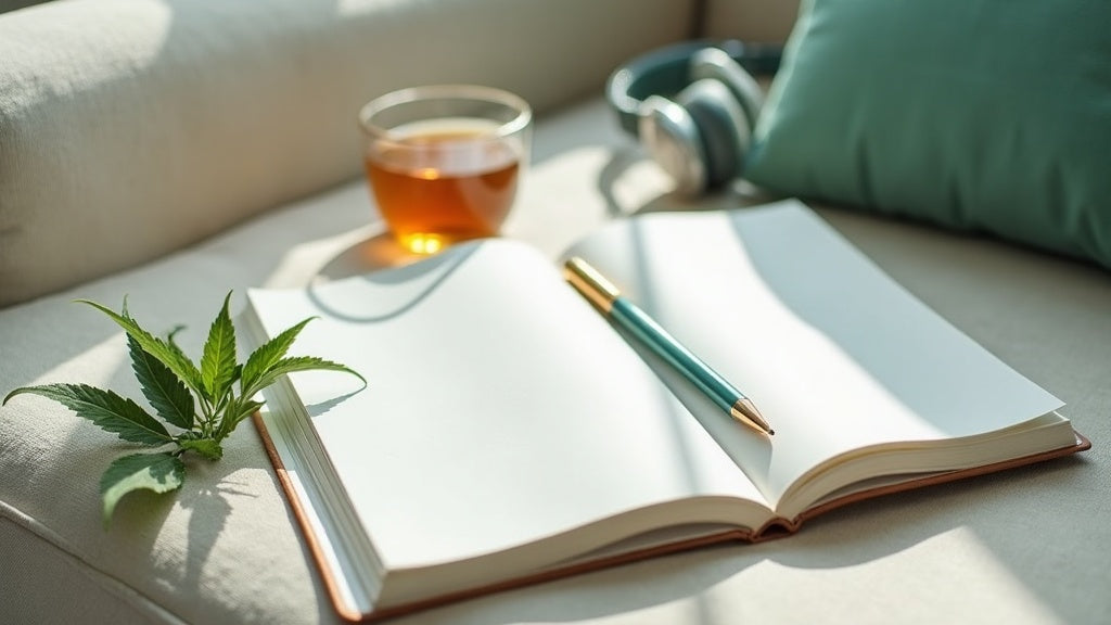Helles Lifestyle-Stillleben mit Journal, Kräutertee, Hanfblättern und Kopfhörern, Symbolbild für THCB Erfahrungen