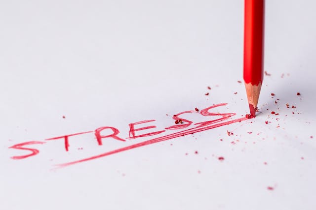 Das rot geschriebene und durchgestrichene Wort Stress neben einem roten Buntstift als Symbolbild für CBD gegen Stress