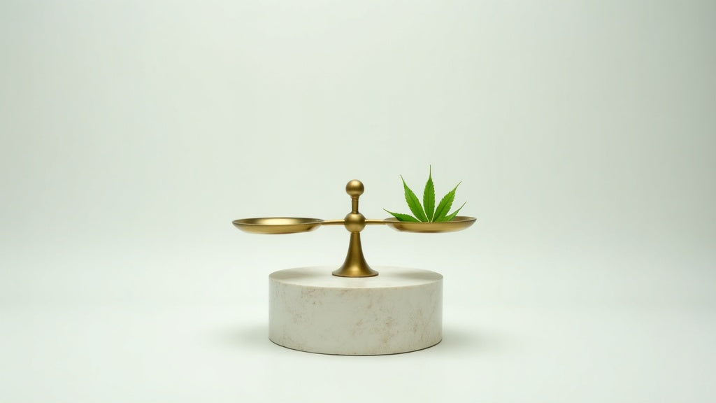 Minimalistische Waage mit Hanfblatt als Symbolbild für die THCV Legalität in Deutschland