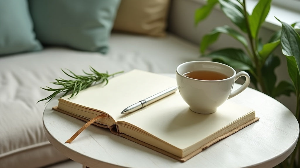 Helles Stillleben mit Journal, Teetasse und Hanfblättern als Symbolbild für THCP Erfahrungen