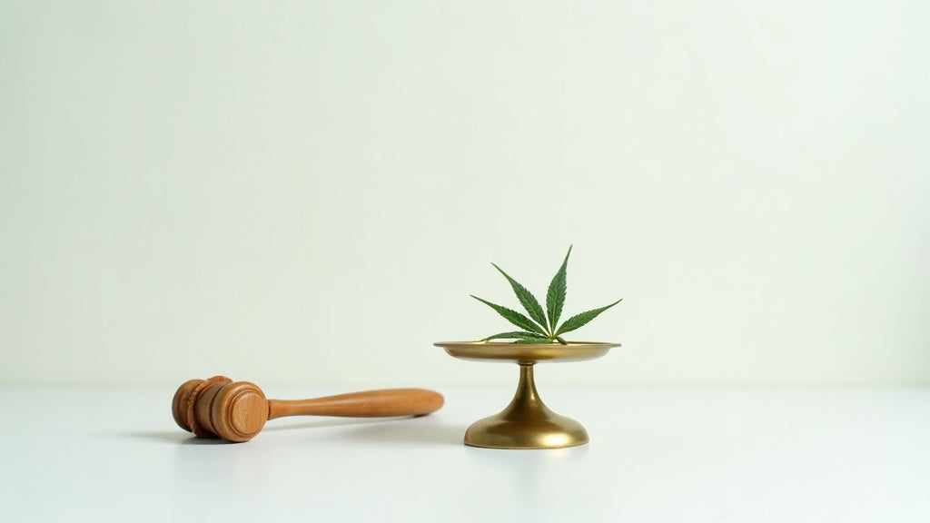 Minimalistisches Stillleben mit Waage und Hanfblatt, Symbolbild zur THCO Legalität in Deutschland