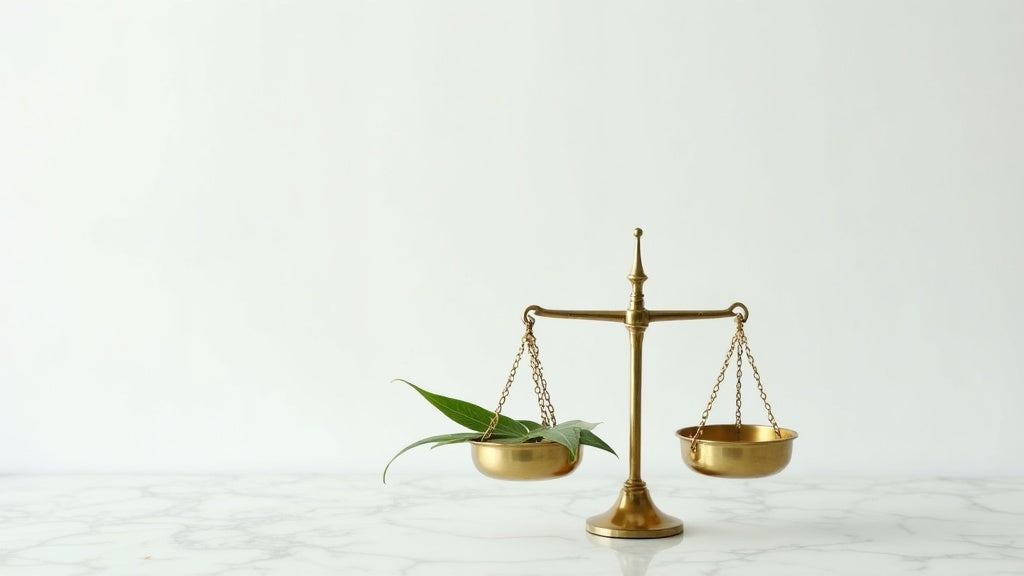 Minimalistische Waage mit Hanfblatt auf heller Marmorfläche, Symbolbild für die THCB Legalität in Deutschland