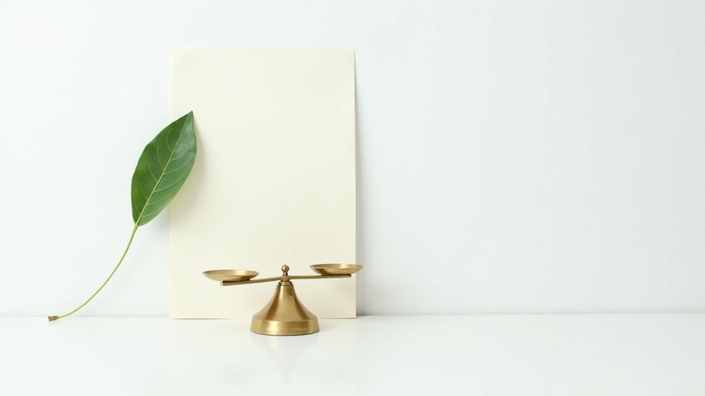 Minimalistisches Stillleben mit kleiner Waage, Hanfblatt und Dokument als Symbolbild für die HHZ Legalität in Deutschland