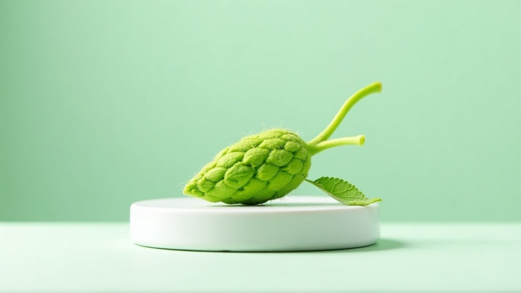Makroaufnahme einer frischen grünen Hanfblüte auf hellem Studiohintergrund, Symbolbild für die H3 Superior Wirkung