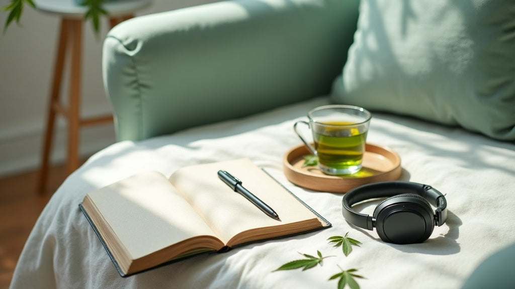 Helles Stillleben mit Journal, Teetasse, Hanfblättern und Kopfhörern als Symbolbild für THCV Erfahrungen