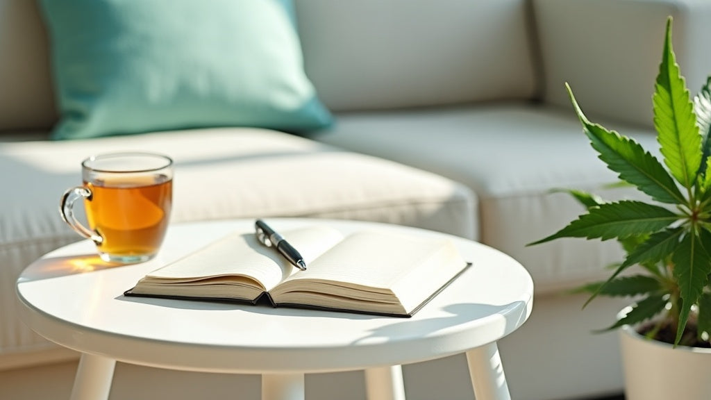 Helles Lifestyle-Stillleben mit Journal, Kräutertee und Hanfblättern auf einem Beistelltisch, Symbolbild für THCA Erfahrungen