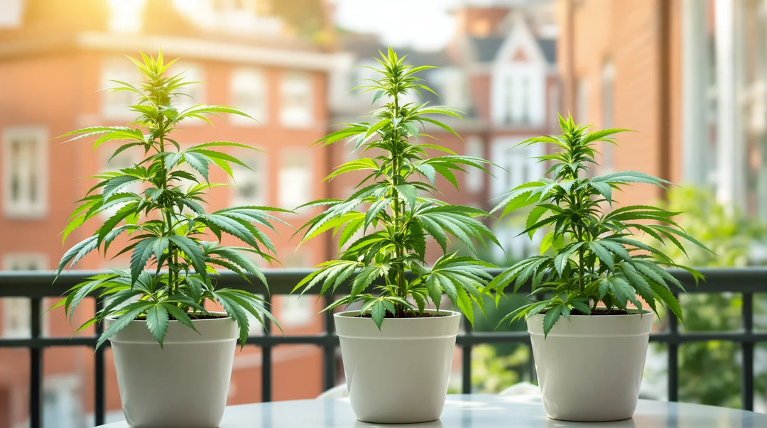 Cannabis ohne Rezept: drei Hanfpflanzen im Topf auf einem Balkon vor Backsteinhäusern