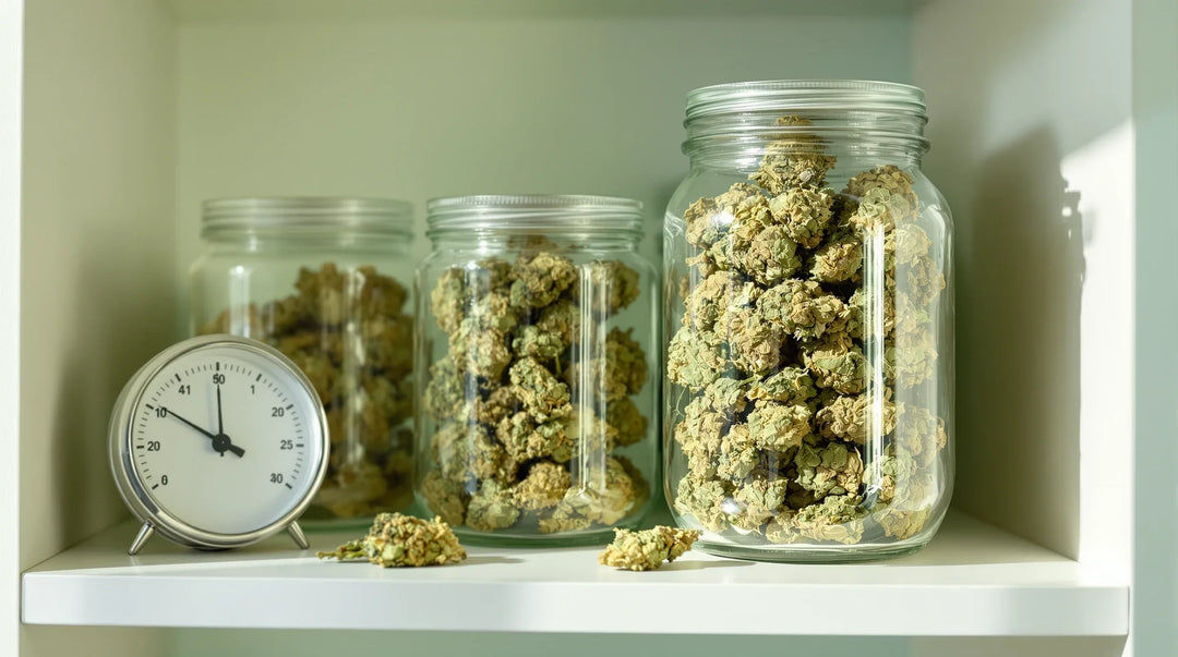 Cannabisblüten verarbeiten: Gläser mit getrockneten Cannabisblüten und Hygrometer im Regal