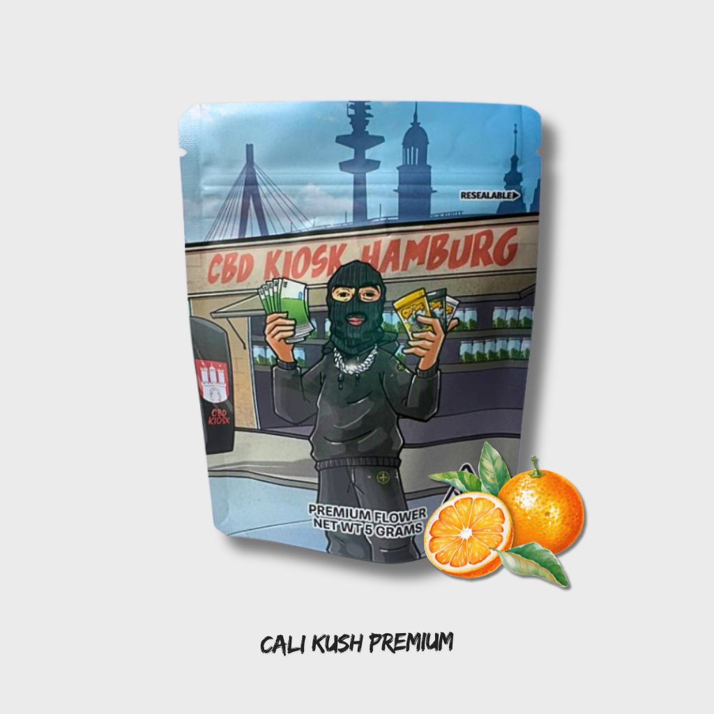 Bunt bedruckter Standbeutel für Premium-Blüten mit Comic-Motiv, Hamburger Skyline und Orangen als Bild zu Cali Weed Erfahrungen
