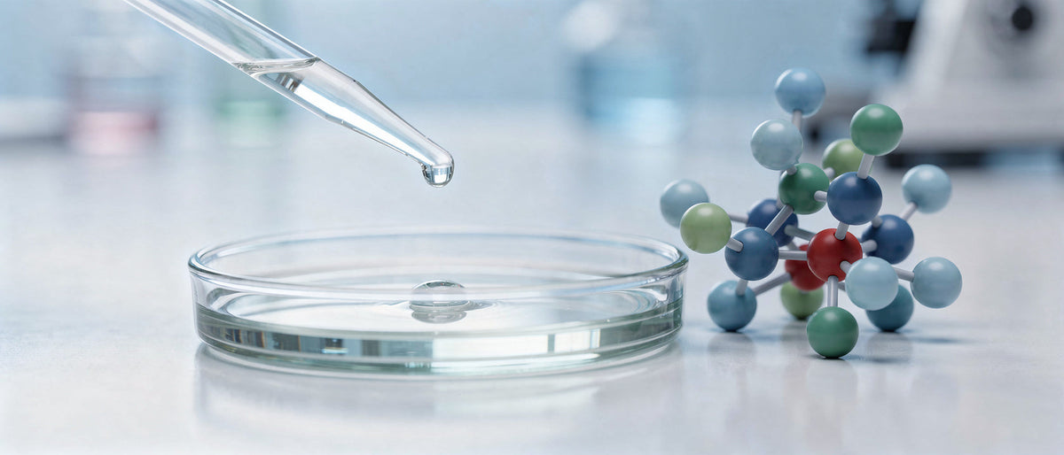 CBN Wirkung: Pipette über Petrischale neben einem Rezeptormodell