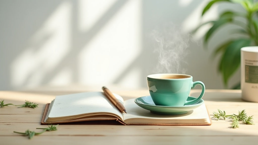Helles Stillleben mit Notizbuch, Teetasse und Hanfblättern als Symbolbild für PHC-Erfahrungen