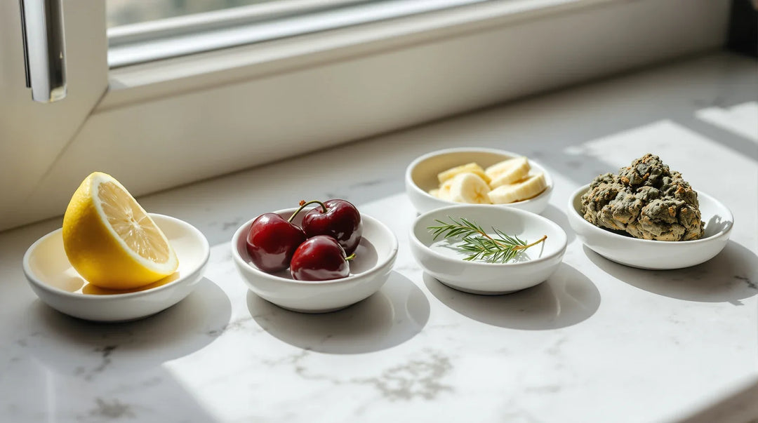 Zitrone, Kirschen, Banane, Kiefernzweig und Hanfblüte in Schälchen als Aroma-Vergleich, Titelbild zu DNT-9 Erfahrungen