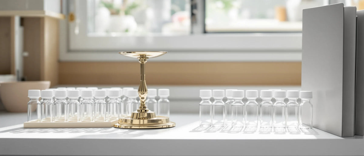 Glasfläschchen für Laborproben und Messingschale auf hellem Tisch, Titelbild zur Frage, ob DNT-9 legal ist