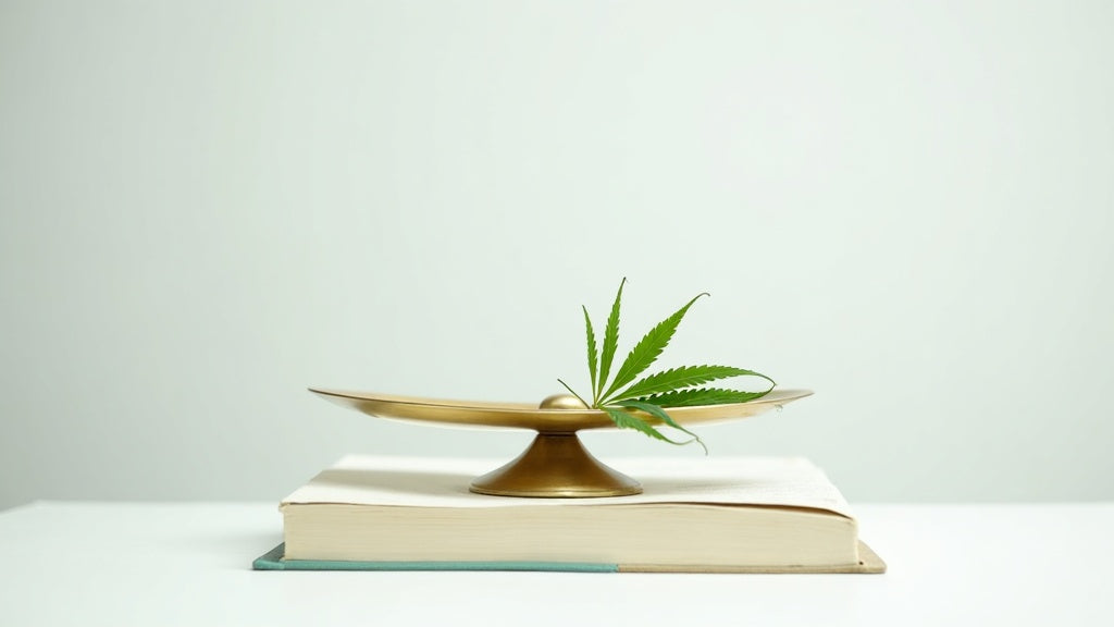 Minimalistische Waage mit Hanfblatt und Gesetzbuch, Symbolbild für die H3 Superior Legalität in Deutschland