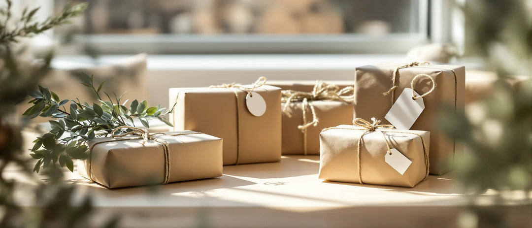 In Packpapier verpackte Geschenke mit Anhängern am Fenster, Geschenke für Kiffer