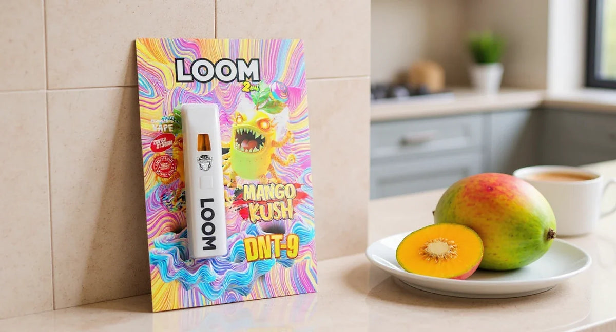 H2 Superior Erfahrungen: Loom DNT-9 Vape Mango Kush mit Mango auf Travertin
