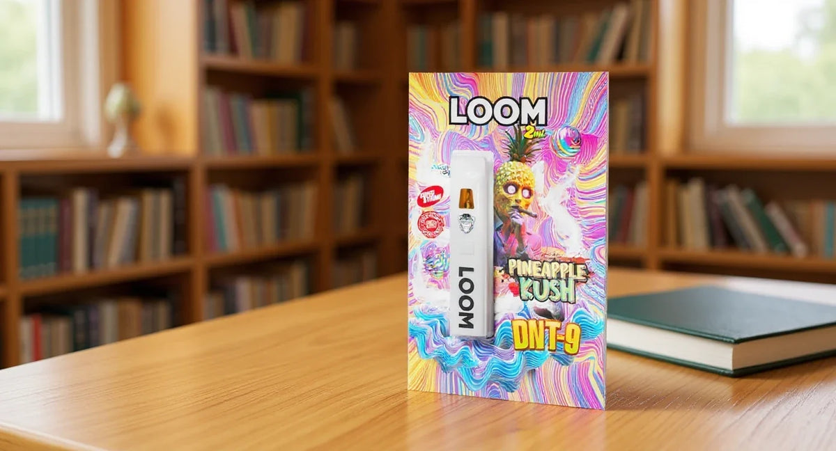 H3 Superior Legalität: Loom DNT-9 Vape Pineapple Kush auf einem Bibliothekstisch