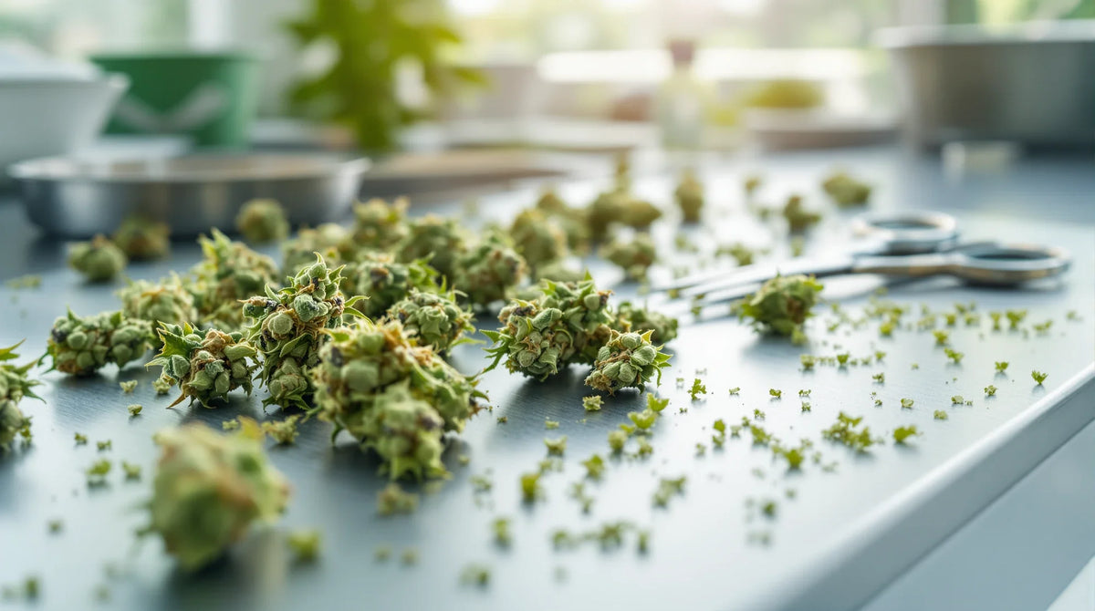 H4CBD Wirkung: frisch getrimmte Hanfblüten und Schere auf einem Werktisch