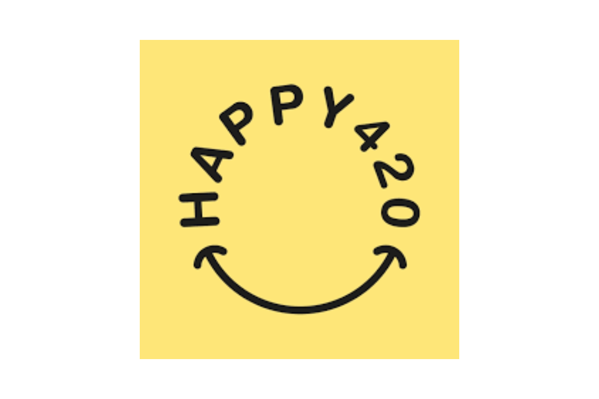 Gelbes Happy420 Logo mit gebogenem Schriftzug über einem gezeichneten Lächeln als Aufmacher zum Erfahrungsbericht zur Marke