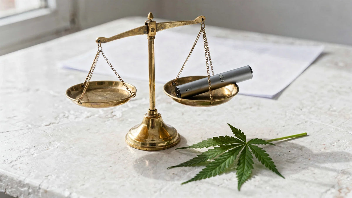Messingwaage mit Vape-Pen, Hanfblatt und Papier auf hellem Stein, Titelbild zu Happys Amsterdam Legalität