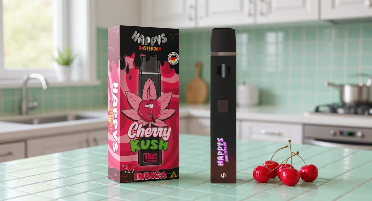 Happys Amsterdam Wirkung: TAC Vape Cherry Kush mit Kirschen auf mintgrünen Fliesen