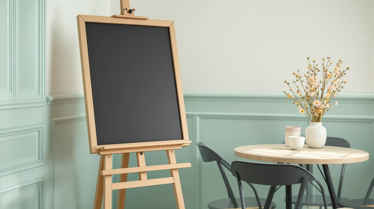 HHZ Erfahrungen: Leere Kreidetafel auf Staffelei im Café