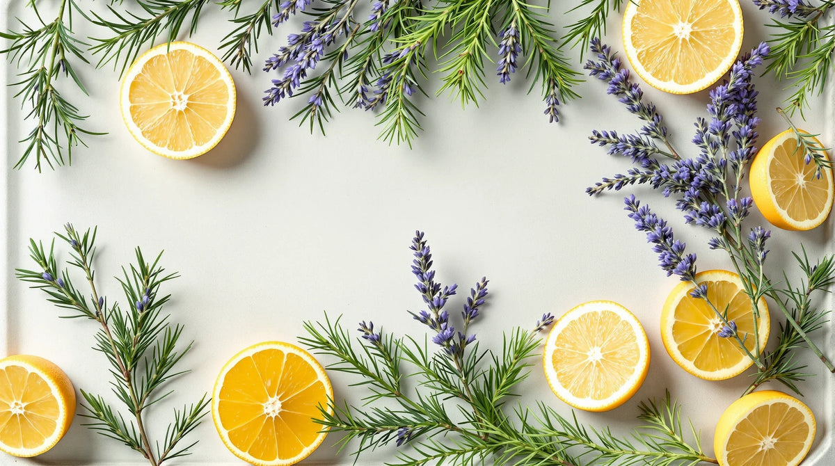HHZ Wirkung: Zitrusschalen, Kiefernzweige und Lavendel auf Steintablett