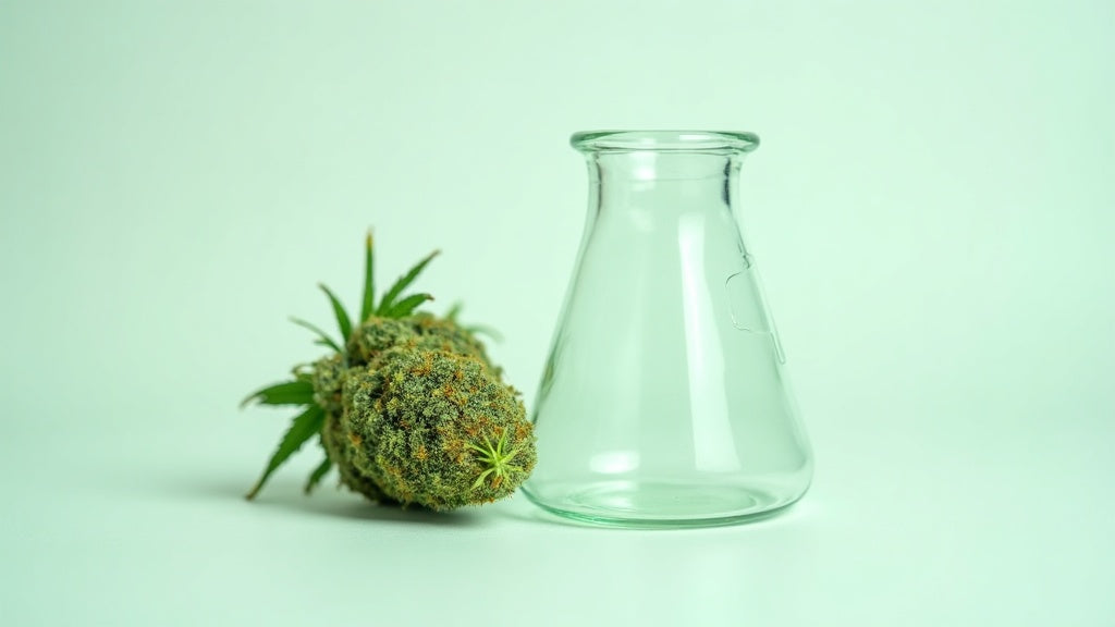 Makroaufnahme einer frischen grünen Hanfblüte neben einem kleinen Laborglas als Symbolbild für die H4CBD-Wirkung