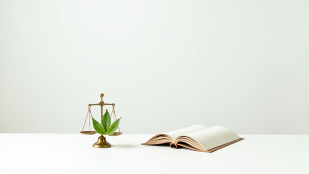 Minimalistisches Stillleben mit Waage, Gesetzbuch und Hanfblatt als Symbolbild für die 10-OH-HHC Legalität in Deutschland