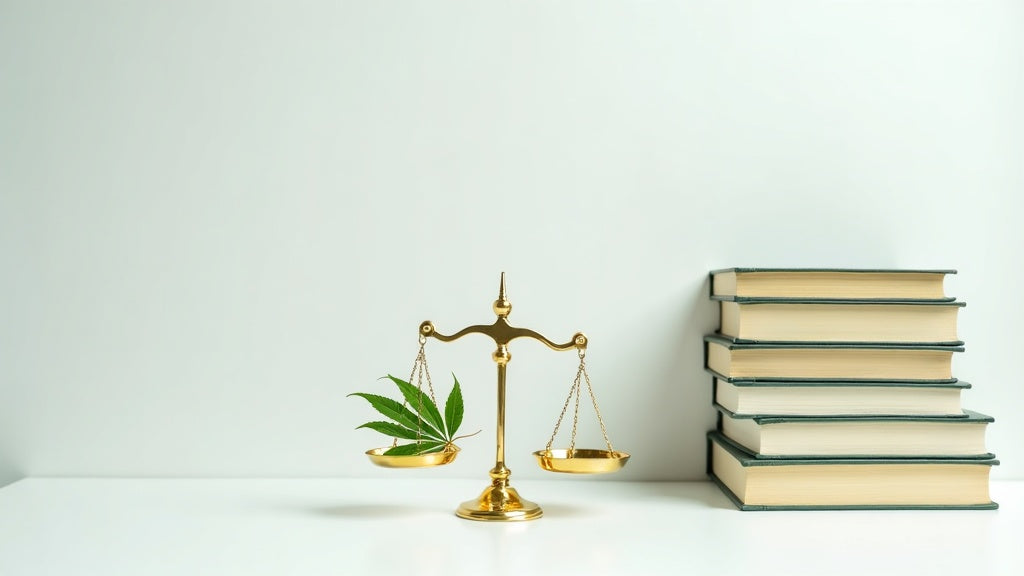 Minimalistische Waage mit Hanfblatt und Gesetzbüchern als Symbolbild für die THCP Legalität in Deutschland