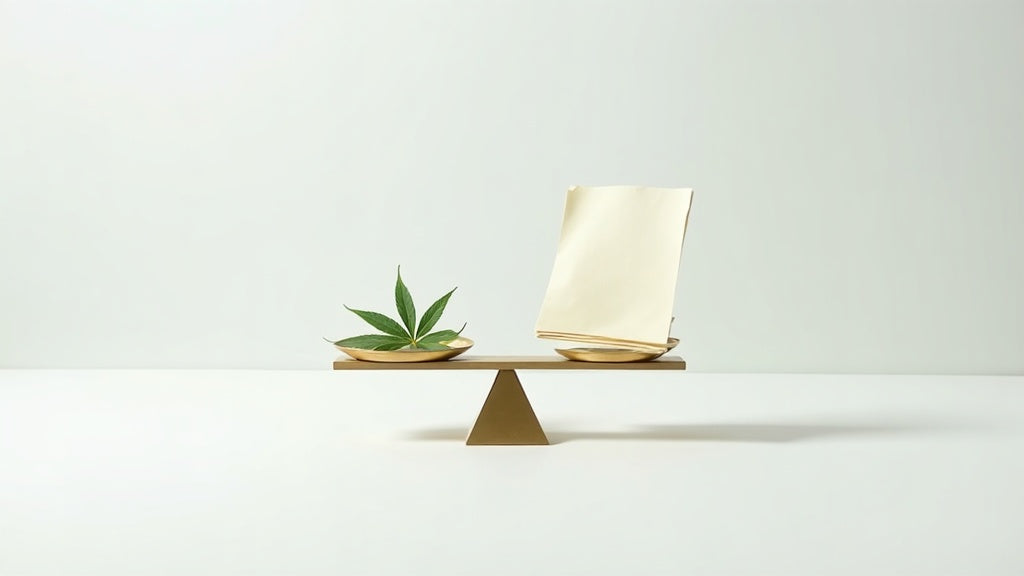 Minimalistische Waage mit Hanfblatt und Dokument als Symbolbild für die PHC-Legalität in Deutschland