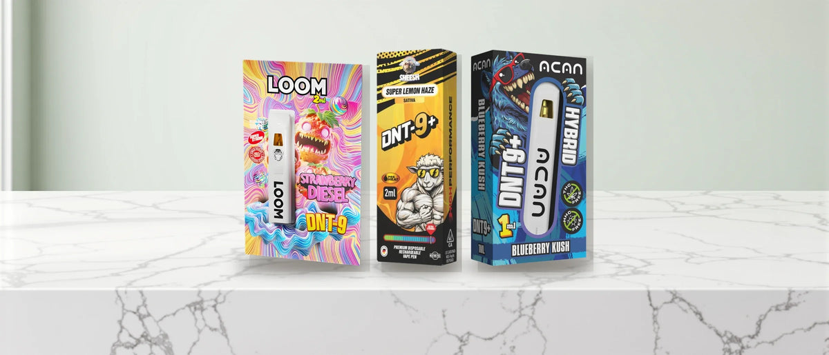 DNT-9 Vapes im Vergleich: Loom, SHEESH und ACAN nebeneinander
