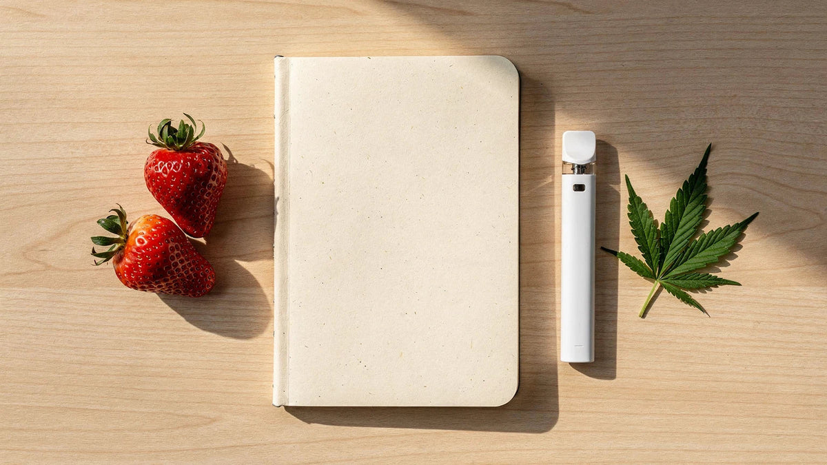 Weißer Vape-Pen, Notizbuch, Erdbeeren und Hanfblatt auf hellem Holz, Titelbild zu Loom Vape Erfahrungen
