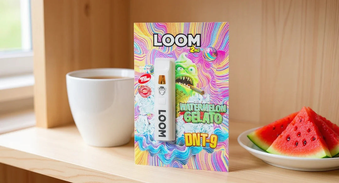 Loom Vape Erfahrungen: Loom DNT-9 Vape Watermelon Gelato auf einem Holzregal