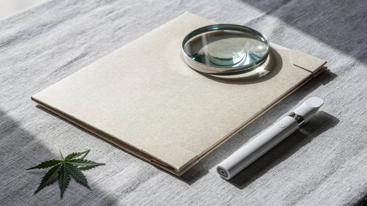 Dokumentenmappe mit Lupe, weißer Vape-Pen und Hanfblatt auf Leinen, Titelbild zur Frage, ob die Loom Vape legal ist