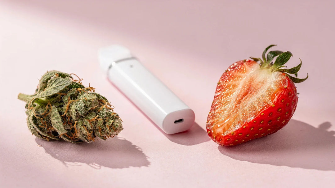 Weißer Vape-Pen zwischen Hanfblüte und halbierter Erdbeere auf Rosa, Titelbild zu Loom Vape Wirkung