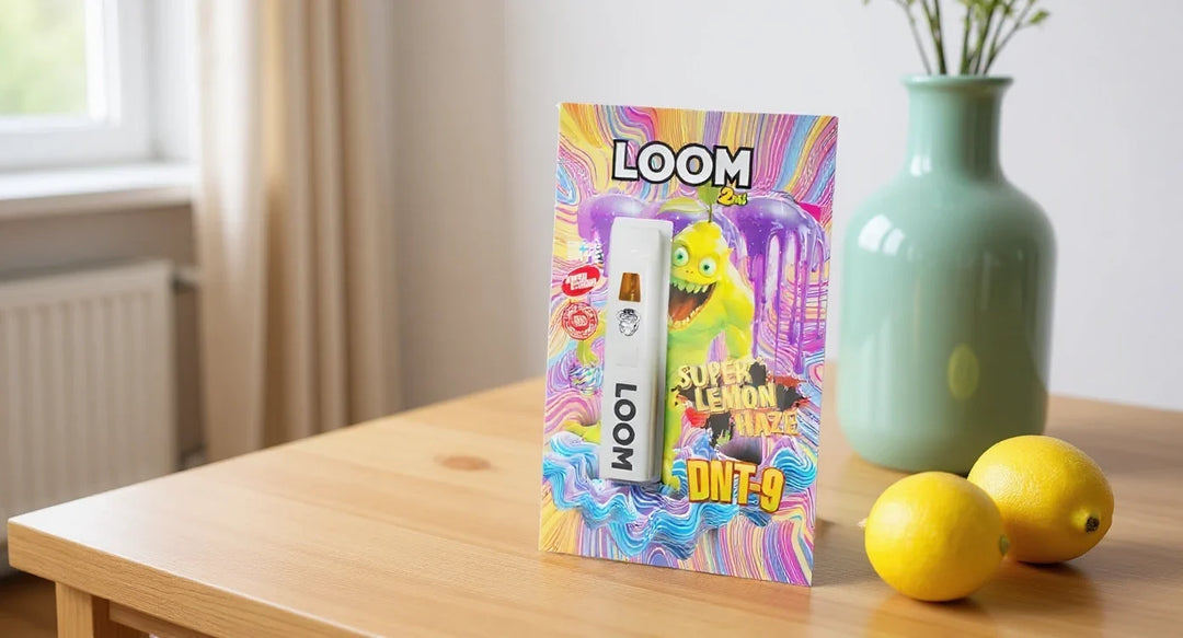 Loom Vape Wirkung: Loom DNT-9 Vape Super Lemon Haze mit Zitronen auf Eichentisch