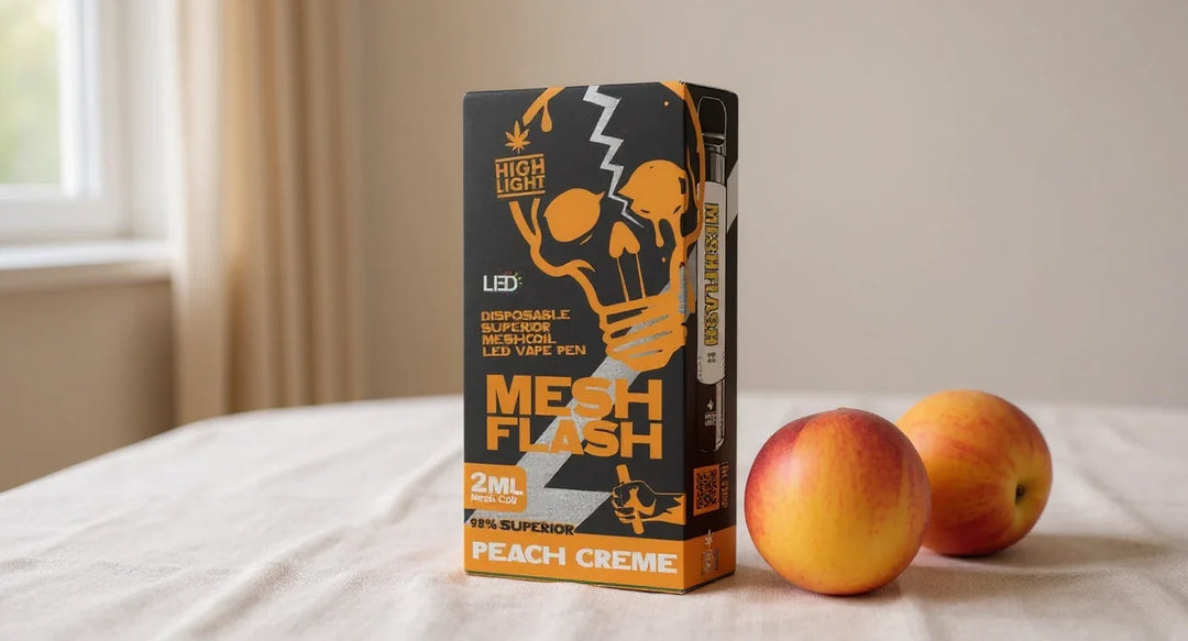 Mesh Flash Erfahrungen: Mesh Flash Superior Vape Peach Creme mit Pfirsichen auf Leinen