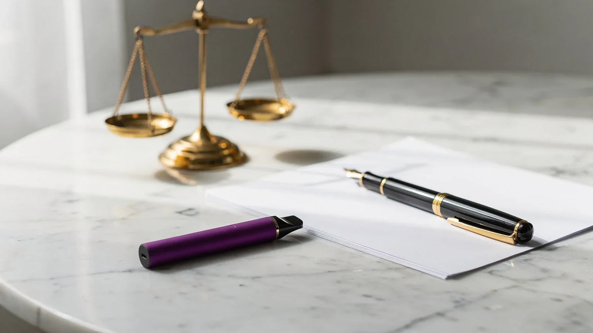 Messingwaage, lila Vape-Pen und Füller auf weißem Marmor, Titelbild zur Frage, ob Mesh Flash legal ist