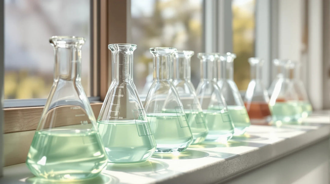 PHC Wirkung: Erlenmeyerkolben mit grüner Flüssigkeit am Laborfenster