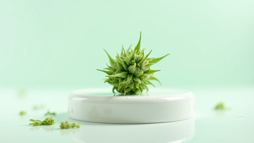 Makroaufnahme einer frischen grünen Hanfblüte auf weißem Studiohintergrund als Symbolbild für die 10-OH-HHC-Wirkung