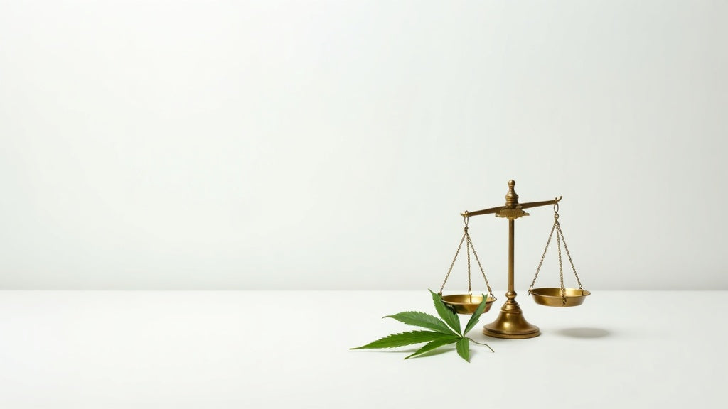 HHC Legalität in Deutschland: Waage mit Hanfblatt auf hellem Hintergrund