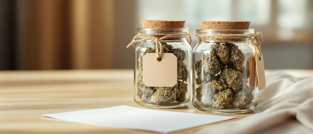 Zwei Gläser mit getrockneten Hanfblüten und leeren Papieranhängern auf hellem Holz – ist Superior Blend legal?