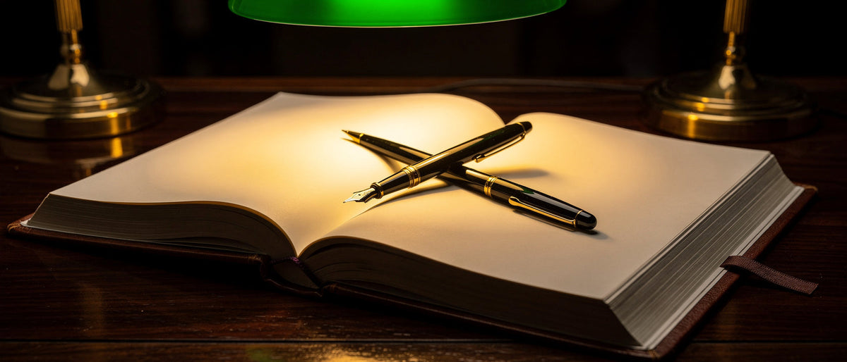 THCX legal: aufgeschlagenes Buch mit Füllfederhalter unter einer grünen Schreibtischlampe