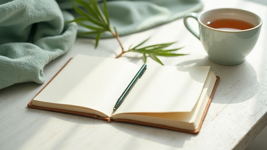 Helles Stillleben mit Journal, Teetasse und Hanfblättern als Symbolbild für 10HC Erfahrungen