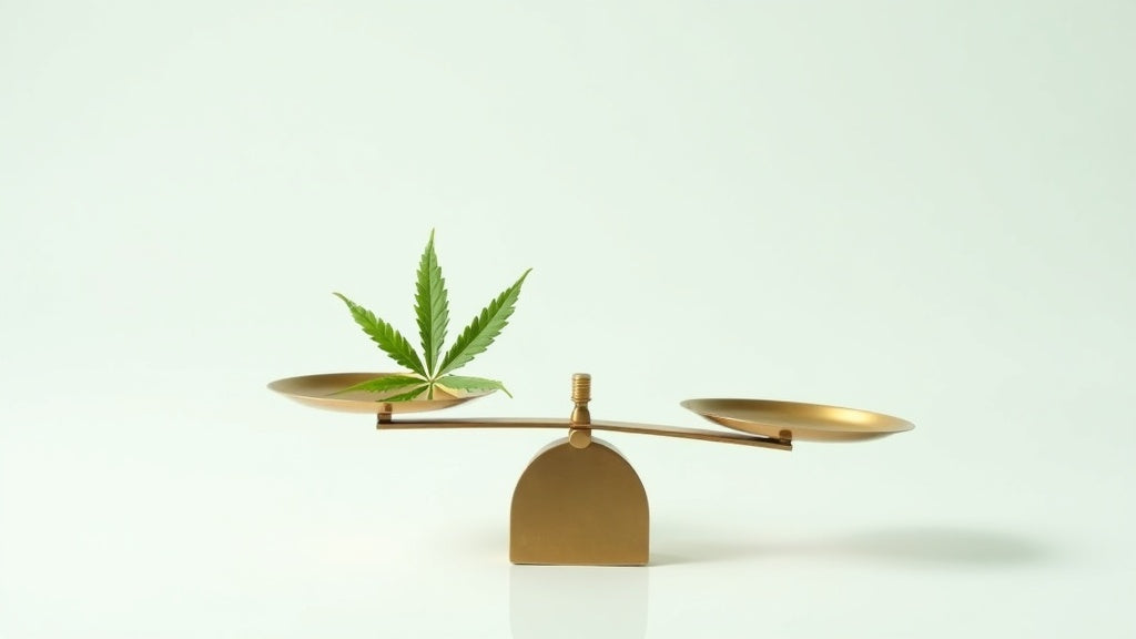 Kleine Messingwaage mit einem grünen Hanfblatt als Symbolbild für die H4CBD-Legalität in Deutschland