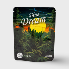Schwarzer CBDÍA Beutel Blue Dream mit Sonnenuntergang-Motiv, Vorderseite