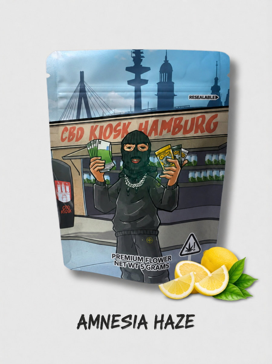 CBD Kiosk Beutel Amnesia Haze mit Comic-Motiv und Zitronen davor